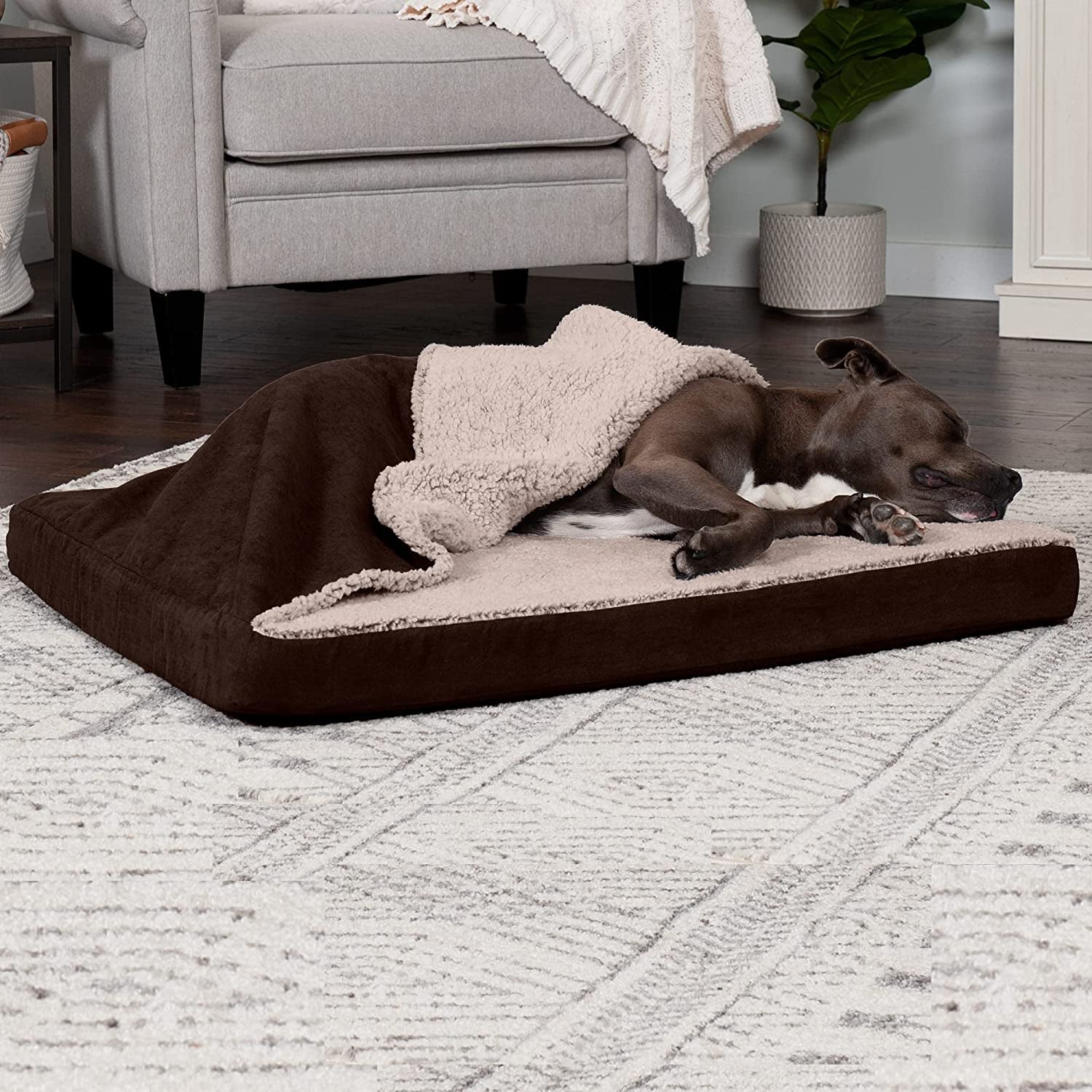 Large Medium Dog Cooling Gel Bed with Removable Washable Cover for Dogs up to 55 lbs - Berber & Suede Top Mattress - Espresso