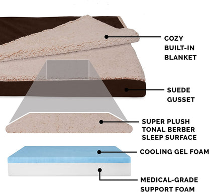 Large Medium Dog Cooling Gel Bed with Removable Washable Cover for Dogs up to 55 lbs - Berber & Suede Top Mattress - Espresso