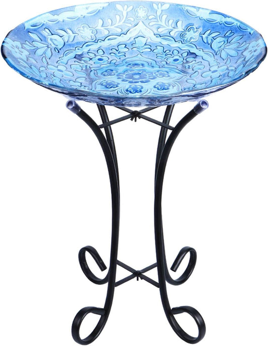 Outdoor Glass Birdbath with Metal Stand for Garden and Lawn Decoration, 18” Diameter / 21.65” Height