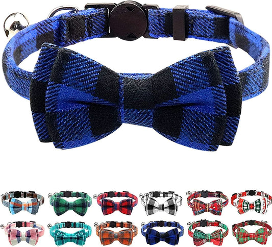 Upgraded Breakaway Cat Collar with Bow Tie and Bells, Safety Plaid Design for Kittens, Blue - 1 Pack