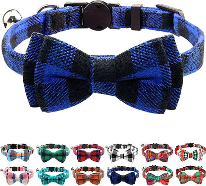 Upgraded Breakaway Cat Collar with Bow Tie and Bells, Safety Plaid Design for Kittens, Blue - 1 Pack