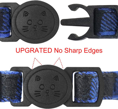 Upgraded Breakaway Cat Collar with Bow Tie and Bells, Safety Plaid Design for Kittens, Blue - 1 Pack