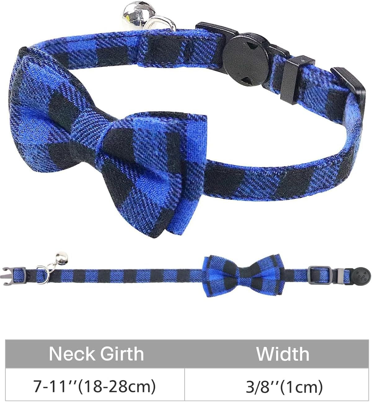 Upgraded Breakaway Cat Collar with Bow Tie and Bells, Safety Plaid Design for Kittens, Blue - 1 Pack