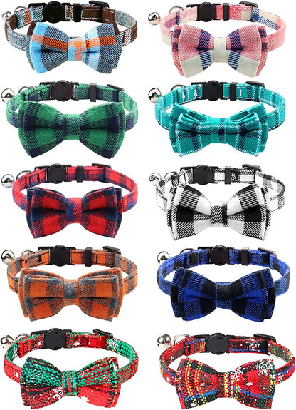 Upgraded Breakaway Cat Collar with Bow Tie and Bells, Safety Plaid Design for Kittens, Blue - 1 Pack