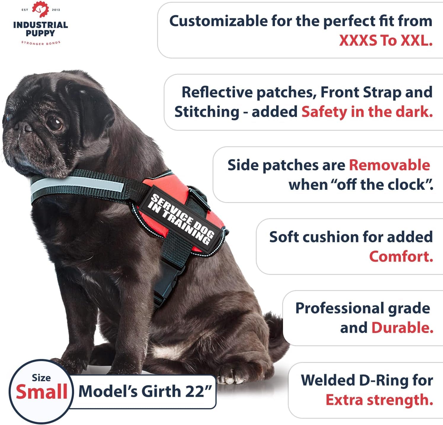 Service Dog Training Vest with Adjustable Hook and Loop Straps and Handle - Available in Sizes XXS to XXL - Features Reflective Patch and Comfortable Mesh Design