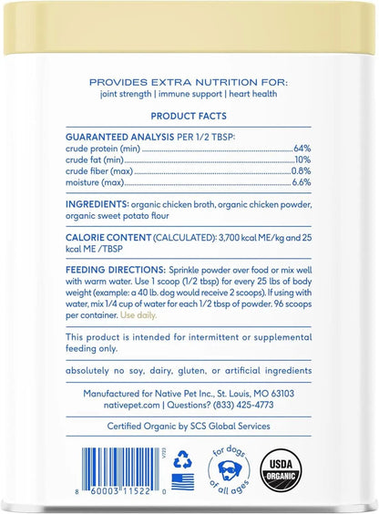 Chicken Bone Broth Powder for Dogs and Cats - Nutritional Food Topper for Picky Eaters - Supports Joint Strength, Immune Function, and Heart Health - 96 Servings