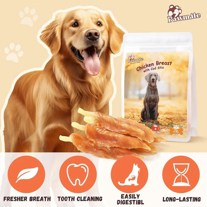 Chicken Tender Wrapped Cod Sticks - Rawhide-Free High Protein Dog Jerky Soft Chews, Healthy Training Snacks for Dogs of All Sizes, 9-10 Count, 10.6 Oz