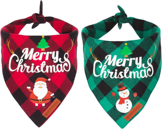 Christmas Classic Plaid Dog Bandana Set for Medium to Large Pets - Triangle Bibs Featuring Merry Christmas Santa and Snowman Designs