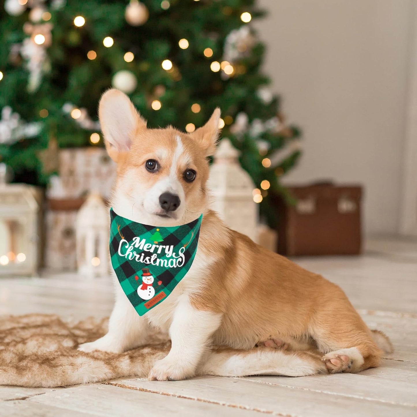 Christmas Classic Plaid Dog Bandana Set for Medium to Large Pets - Triangle Bibs Featuring Merry Christmas Santa and Snowman Designs