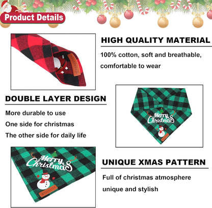 Christmas Classic Plaid Dog Bandana Set for Medium to Large Pets - Triangle Bibs Featuring Merry Christmas Santa and Snowman Designs