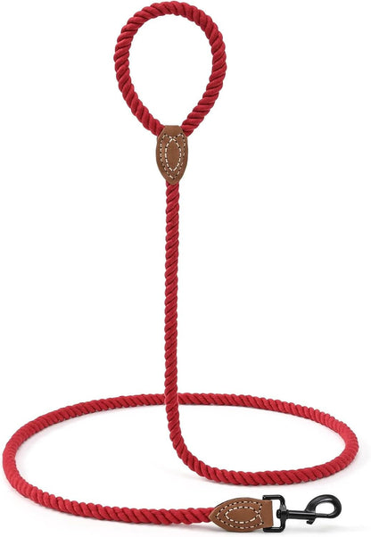 Braided Cotton Rope Dog Leash with Leather Tip, Heavy Duty Metal Clasp, 5FT Length, 1/2" Thickness - Ideal for Wedding and Walking for Medium to Large Dogs (Red)