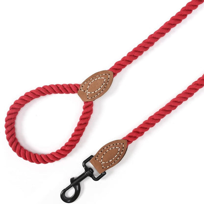 Braided Cotton Rope Dog Leash with Leather Tip, Heavy Duty Metal Clasp, 5FT Length, 1/2" Thickness - Ideal for Wedding and Walking for Medium to Large Dogs (Red)