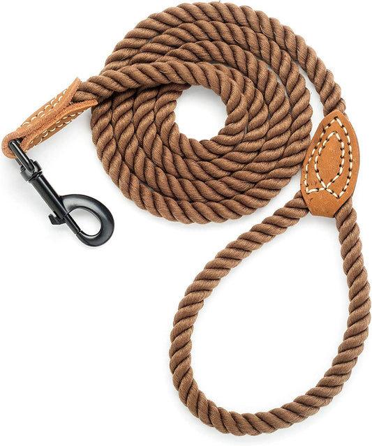 Heavy-Duty Braided Cotton Dog Leash with Leather Tip - 4FT, 1/2" Thick, Metal Clasp - Ideal for Walking, Training, and Weddings for Small to Large Dogs (Dark Brown)