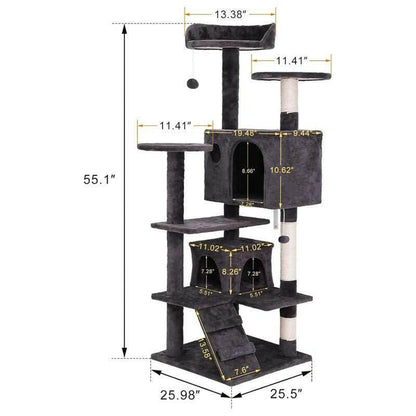 Segawe 55" Multi-Tier Cat Tree Condo with Plush Perches, Sisal Scratching Posts, and 2 Cozy Hideaways