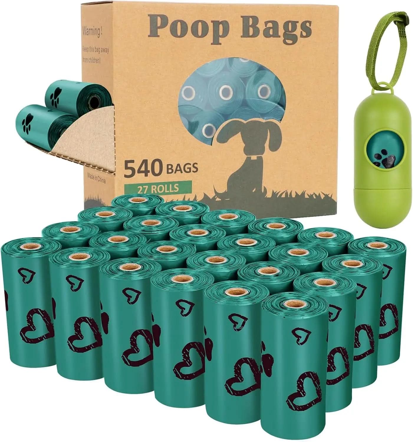 Dog Waste Bag Rolls - 540 Count Extra Thick, Leak-Proof Bags with Dispenser, Scented Dark Green for Dogs