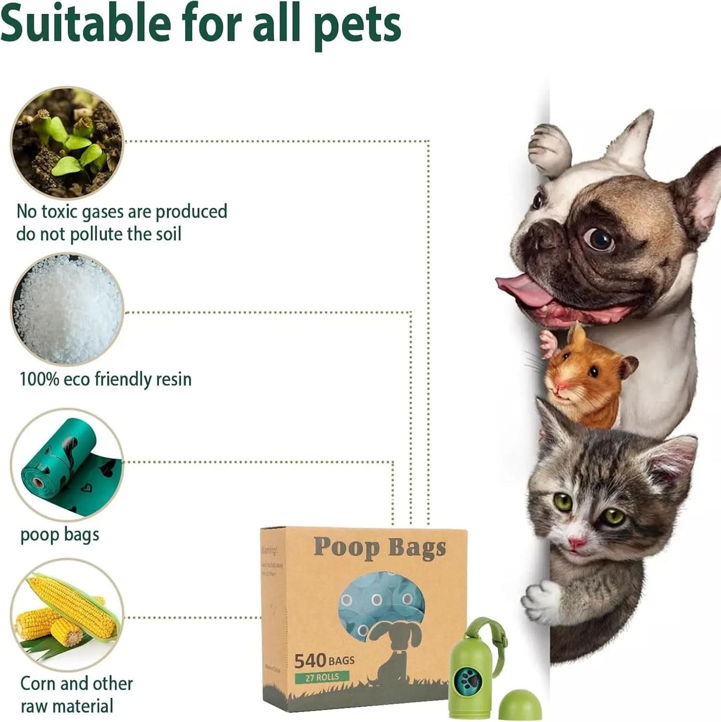 Dog Waste Bag Rolls - 540 Count Extra Thick, Leak-Proof Bags with Dispenser, Scented Dark Green for Dogs