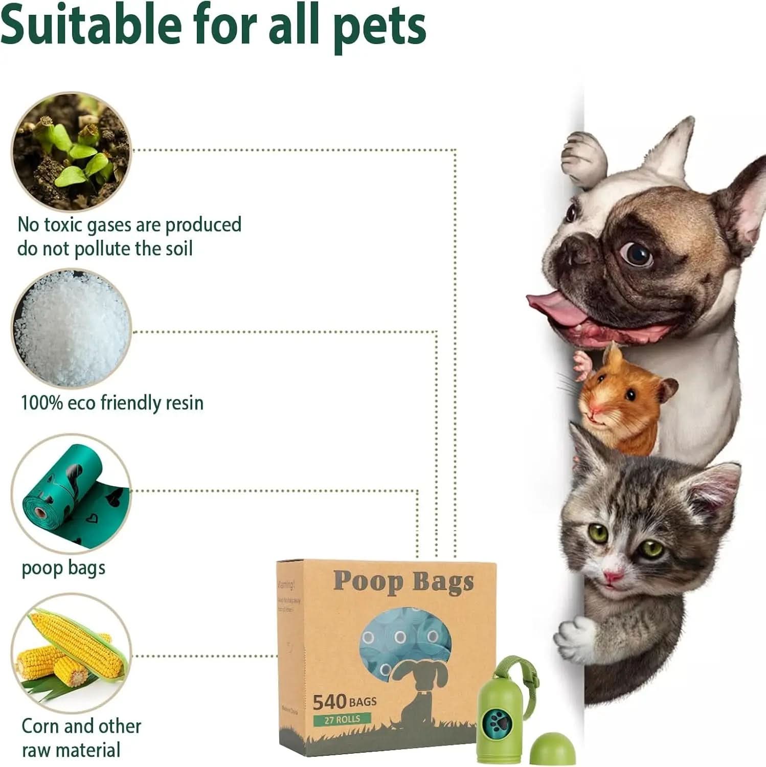 Dog Waste Bag Rolls - 540 Count Extra Thick, Leak-Proof Bags with Dispenser, Scented Dark Green for Dogs