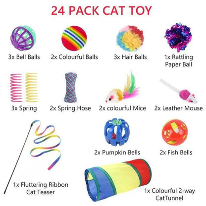 Cat Toys 24Pcs Kitten Toy Set - Colorful Two-Way Interactive Tunnel Toy Kit for Hide and Seek Training