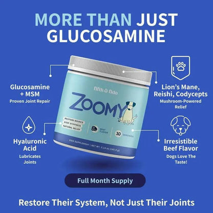 Fifth & Fido Zoomy Dog Joint Supplement for Senior Dogs - Mushroom Powered Hip Joint Support - Natural Mobility Powder - 30 Servings - Beef Flavor - 5.14 Oz