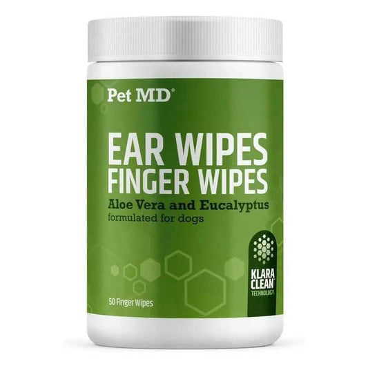 Pet MD Ear Finger Wipes for Dogs - Extra-Coverage & Large Design - Eucalyptus & Aloe Vera - 50Ct