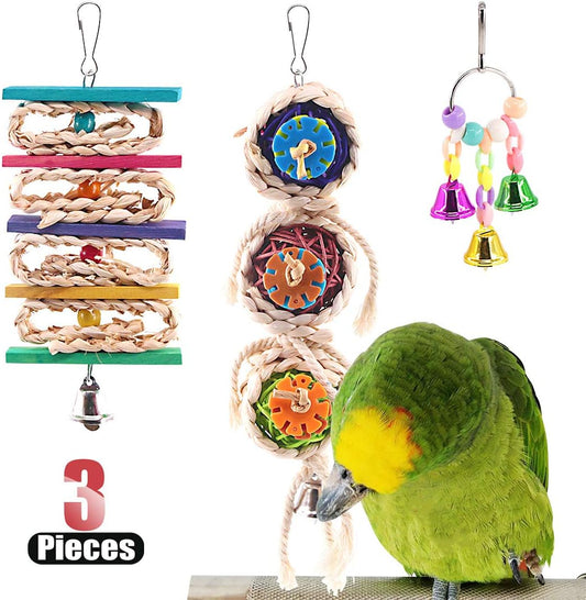 3-Pack Bird Toy Set: Hanging Bells, Rattan Balls, and Twisted String for Parrots, Parakeets, Conures, Cockatiels, Mynahs, and Lovebirds - Decorative Accessories for Small Bird Cages