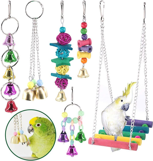 6-Pack Bird Chewing Toy Set with Perches, Swings, and Bells for Parakeets, Cockatiels, Conures, Macaws, Parrots, Finches, and Lovebirds