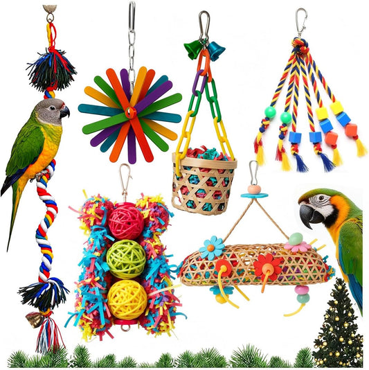 6-Pack Bird Toys for Parakeets, Parrots, and Conures - Foraging and Chewing Accessories with Unique Cage Perches for an Enriching Aviary Experience