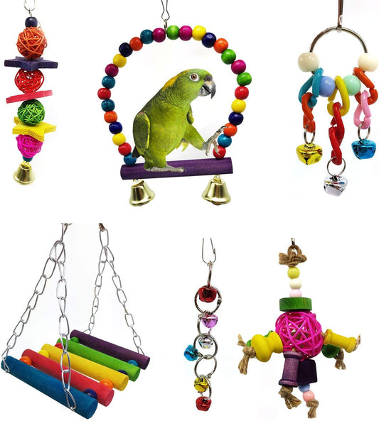 6-Piece Bird Toy Set: Swing, Ladder, Hanging Bell, and Hammock for Small Parakeets, Cockatiels, Macaws, Parrots, Love Birds, and Finches