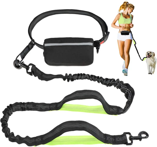 Adjustable Hands-Free Dog Leash for Running, Walking, and Hiking - Suitable for Small, Medium, and Large Dogs with Dual-Handle Bungee and Reflective Features, Includes Zipper Pouch (Black with Green)