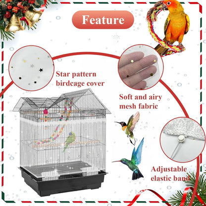 Adjustable Nylon Bird Cage Net with Star Mesh Design, Seed and Feather Catcher, Perch Toys and Cover Skirt for Parrots, Parakeets, and Macaws