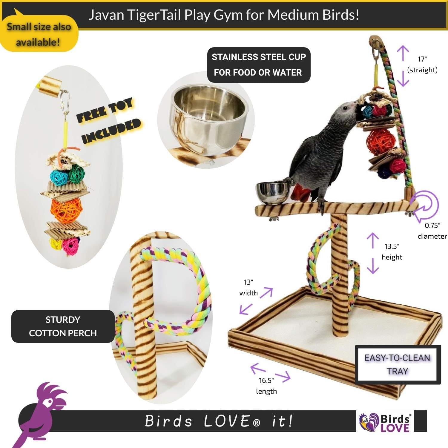Bird Play Gym Tabletop with Cup, Toy Hanger, and Accessories - Large Javan Tigertail Stand for Birds