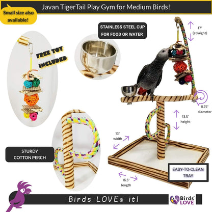 Bird Play Gym Tabletop with Cup, Toy Hanger, and Accessories - Large Javan Tigertail Stand for Birds