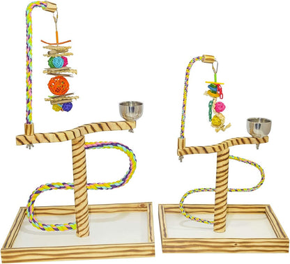 Bird Play Gym Tabletop with Cup, Toy Hanger, and Accessories - Large Javan Tigertail Stand for Birds