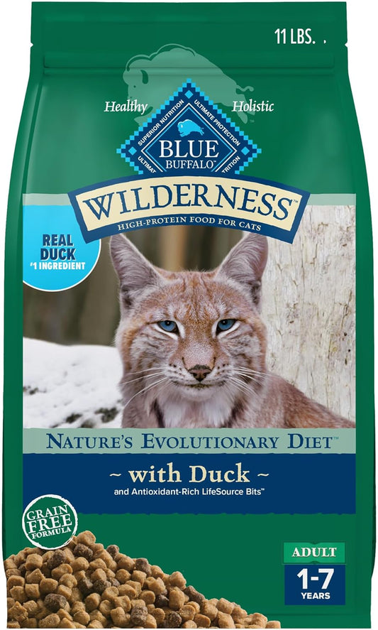Blue Buffalo Wilderness High-Protein Grain-Free Adult Dry Cat Food with Duck, 11 lb Bag - Supports Health and Wellness
