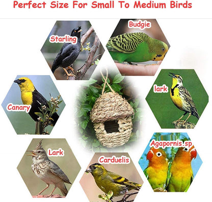 Handwoven Natural Straw Bird Cage Nest House - Cozy Breeding and Resting Space for Parrots, Canaries, Finches, and Cockatiels