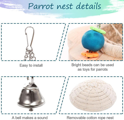 Hemp Rope Bird Nest: Hanging Parrot House with Toys, Bells, and Cotton Rope; Ideal Hatching Hut Hammock Swing for Cockatiel Habitat and Cage Accessories