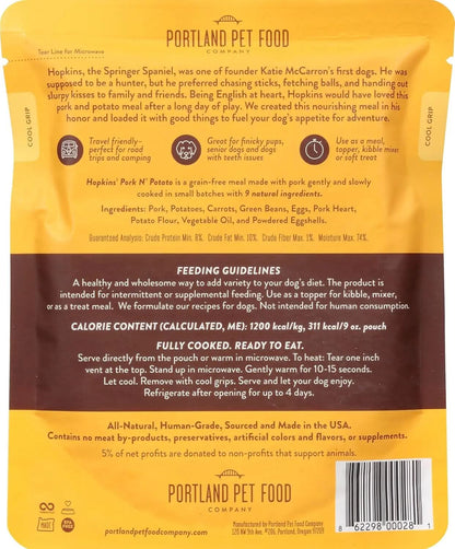 Hopkin's Pork and Potato All-Natural Dog Food, Fully Cooked Microwavable Meal Pouches, Grain and Gluten-Free, Made in the USA, 4 Pack (4 x 9 oz)