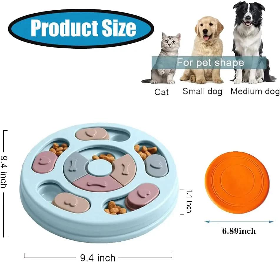 Interactive Dog Puzzle and Flying Turntable Toy Set, Slow Feeder for Enhanced Digestion and Reduced Anxiety in Pets (Blue, Round)