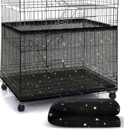 Large Nylon Mesh Bird Cage Cover with Seed and Feather Catcher - Universal Twinkle Star Design for Parakeets, Macaws, and African Grey Cages (Black, XL)