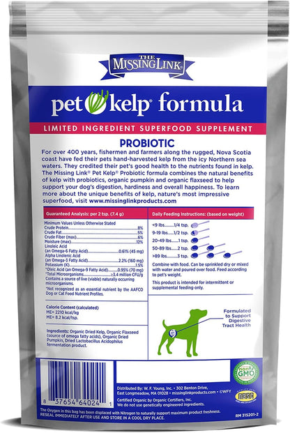 Missing Link Pet Kelp Canine Probiotic 8oz Superfood Powder Supplement, Organic Limited Ingredient Formula for Canine Digestive Health