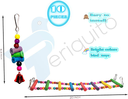 PERIQUITO 10-Piece Assorted Bird Toy Set for Parrots, Parakeets, and Small Birds - Includes Hammocks, Swings, Bells, Rope Ladders, and Perches