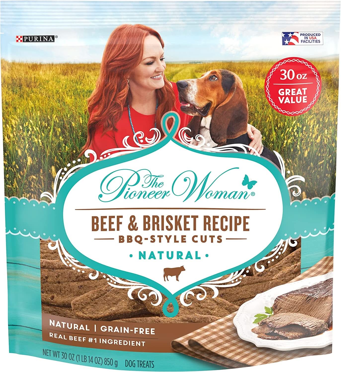Pioneer Woman Grain-Free Dog Treats, Beef & Brisket BBQ Style Cuts, 30 oz. Pouch