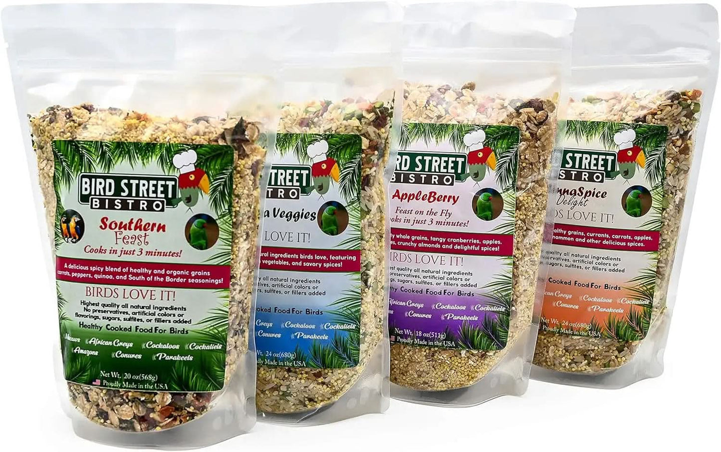 Premium Parrot Food Sample Pack - Nutritious Parakeet and Cockatiel Blend - Quick-Cook Natural and Organic Grains with Non-GMO Fruits and Health-Enhancing Spices