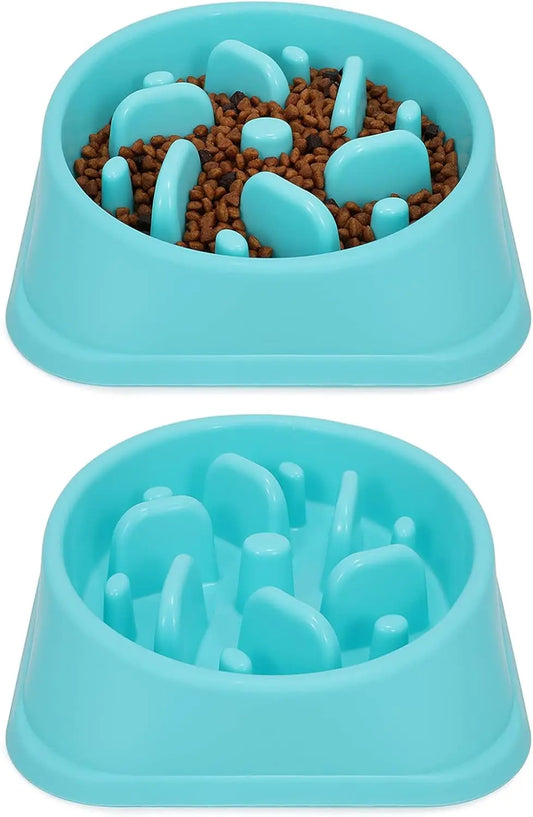 Set of 2  Anti-Gulping Slow Feeder Dog Bowls - Blue Interactive Puzzle Design