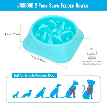 Set of 2  Anti-Gulping Slow Feeder Dog Bowls - Blue Interactive Puzzle Design