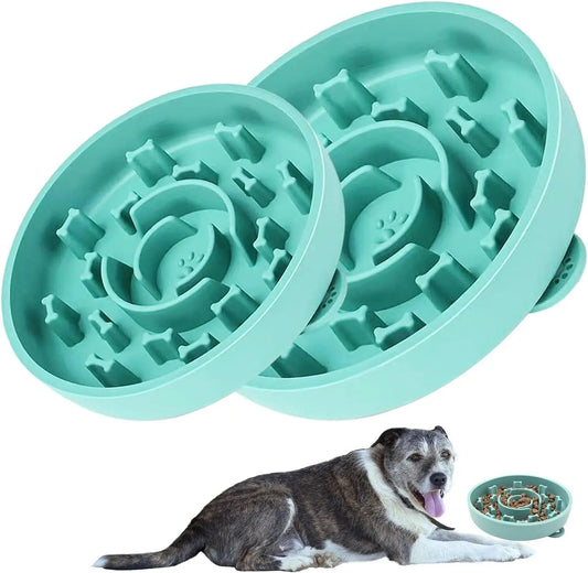 Set of 2 Slow Feeder Dog Bowls with Anti-Tipping Suction Cup Base, Silicone Design to Prevent Gulping and Vomiting for Dogs and Cats, Easy to Clean