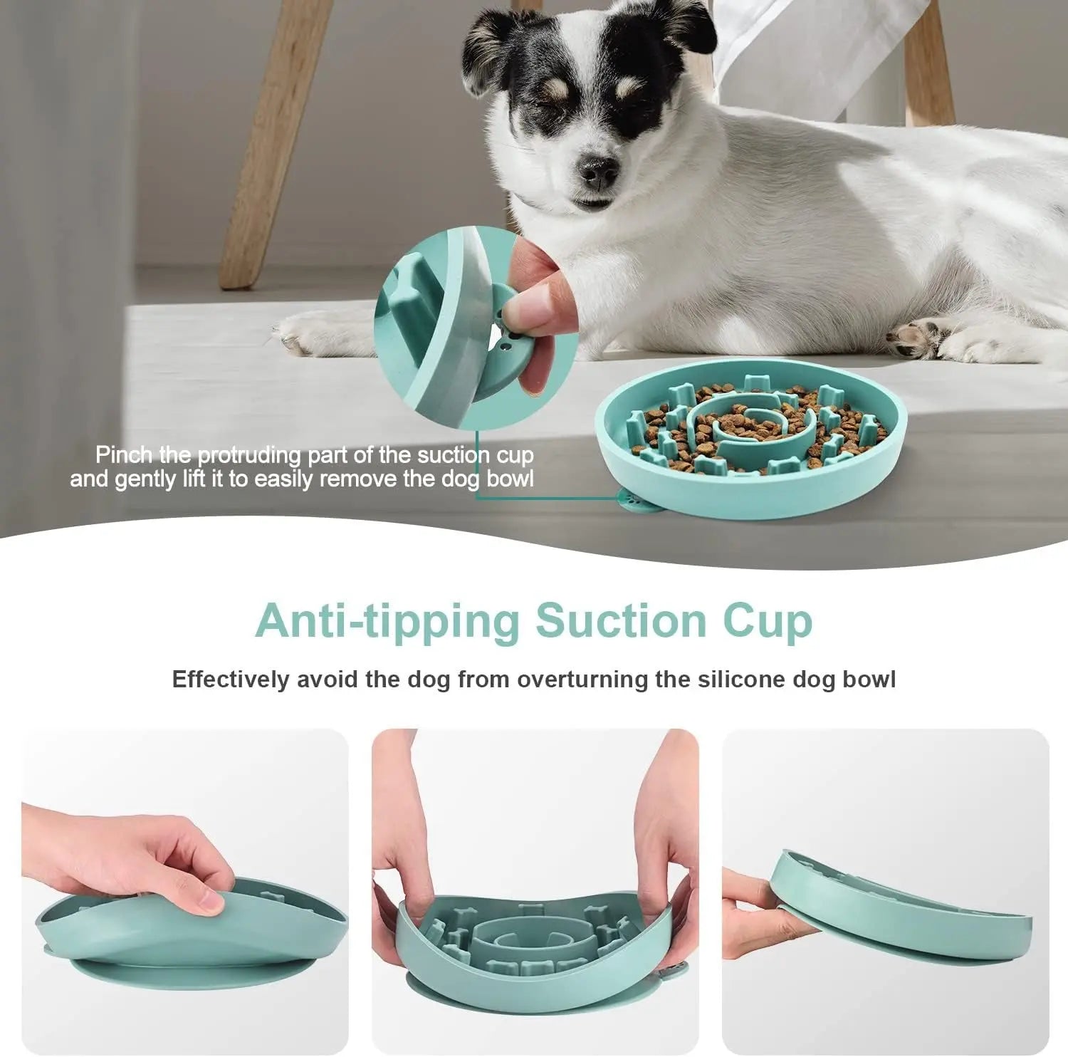 Set of 2 Slow Feeder Dog Bowls with Anti-Tipping Suction Cup Base, Silicone Design to Prevent Gulping and Vomiting for Dogs and Cats, Easy to Clean