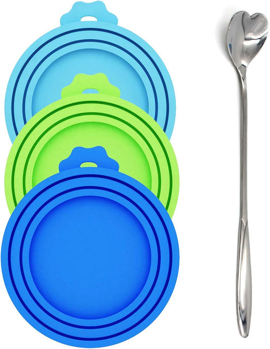 Silicone Pet Food Can Lids - Universal Fit for Dog and Cat Cans (3 Pack with Spoon, Multi-Colored)