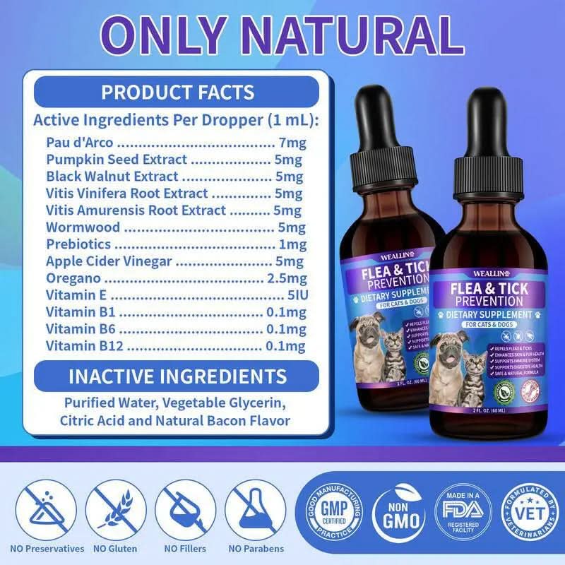 WEALLIN Flea & Tick Support Drops for Cats and Dogs – Natural Flea & Tick Support Drops with Multivitamins – Oral Supplement for Pets – Suitable for All Breeds and Ages-Bacon Flavor