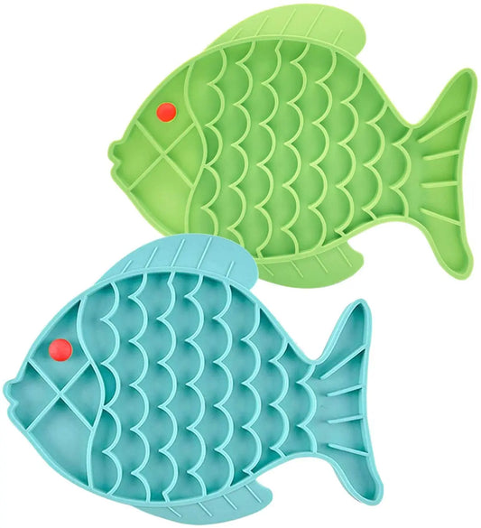 Cat Lick Treat Mat Set, Fish-Shaped Puzzle Feeders for Cats and Dogs, Anxiety Relief and Interactive Feeding Solution (Blue and Green)